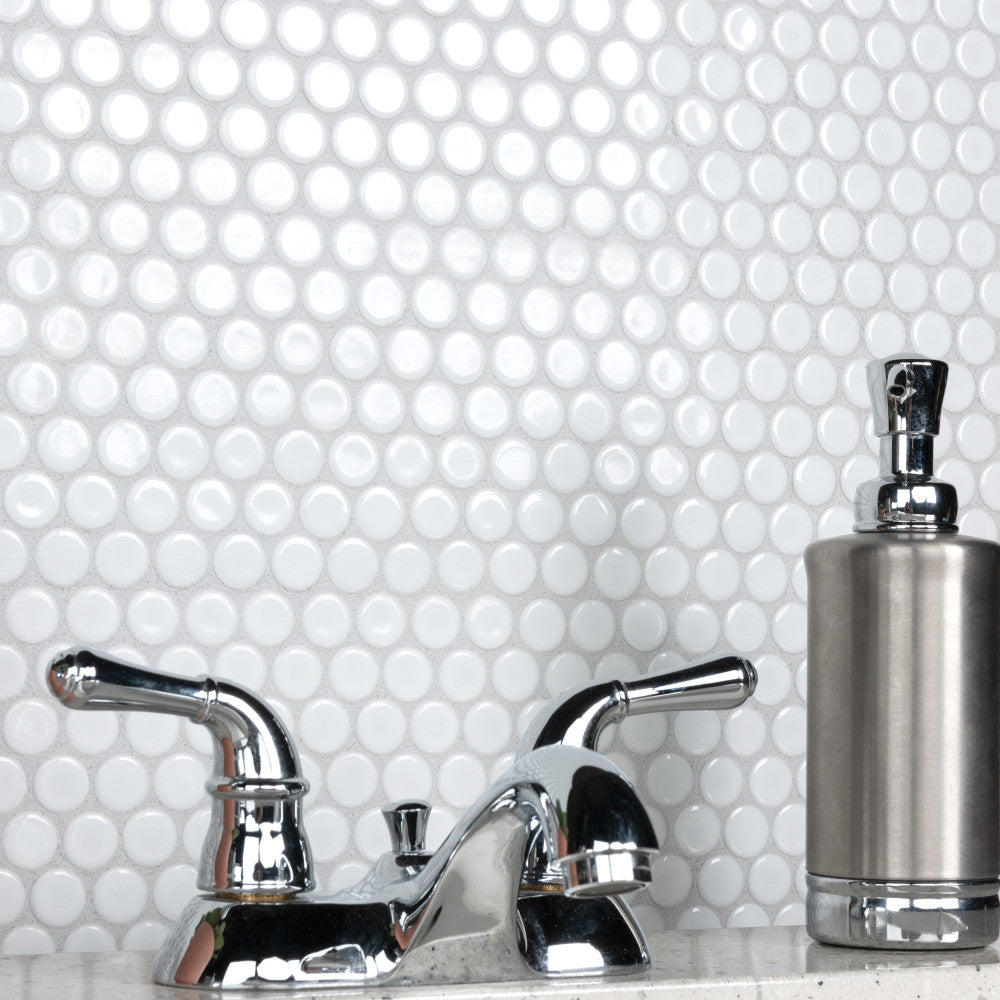 Merola Tile Hudson Penny Round Glossy White 12 in. x 12-5/8 in. x 5 mm Porcelain Mosaic Tile (10.74 sq. ft. / case)