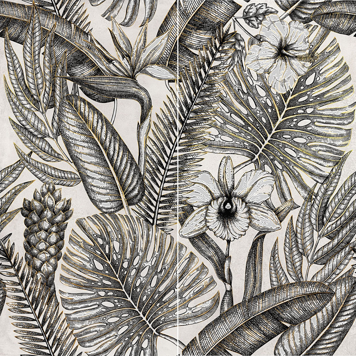 Paula Purroy Gardenia Black and White 24x48 Porcelain Tile