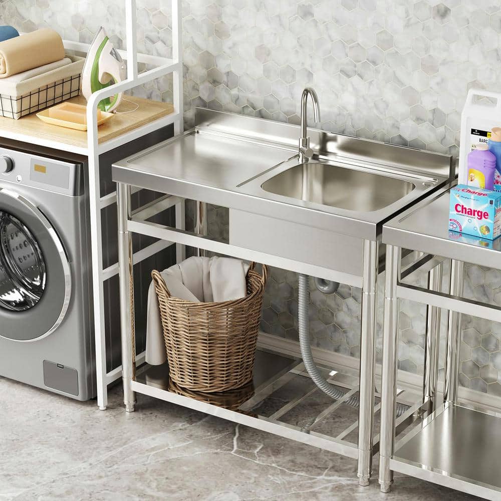 HOMEIBRO 39-inch Freestanding Commercial Utility Sink with Workbench & Storage