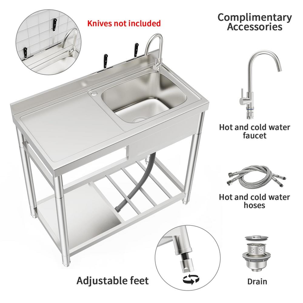 HOMEIBRO 39 in. Free Standing Commercial Restaurant Kitchen Sink, Utility Sink with Workbench and Storage Shelve