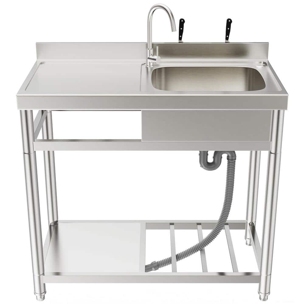 HOMEIBRO 39-inch Freestanding Commercial Utility Sink with Workbench & Storage