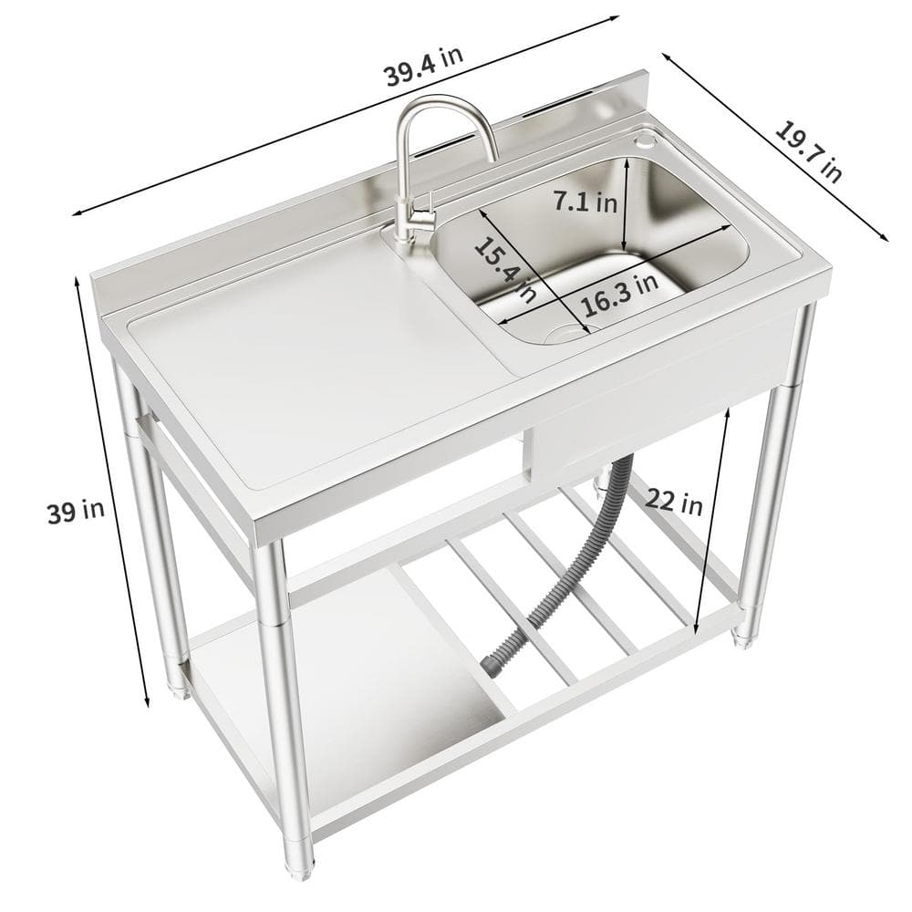 HOMEIBRO 39 in. Free Standing Commercial Restaurant Kitchen Sink, Utility Sink with Workbench and Storage Shelve