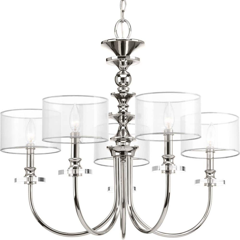 Progress Lighting Marche Collection 5-Light Polished Nickel Grey Mylar Shade Luxe Chandelier Light