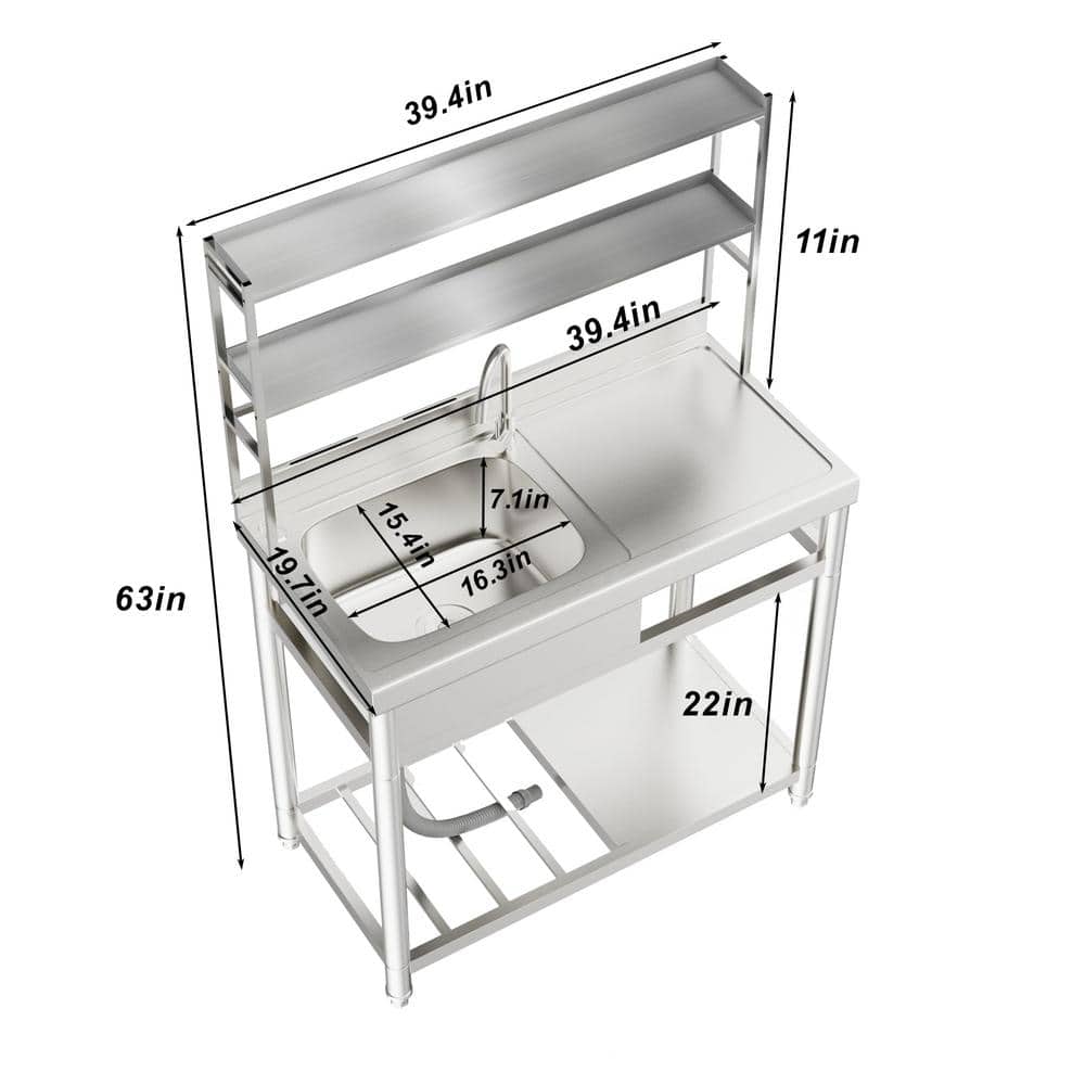 HOMEIBRO 39.4" Freestanding Laundry Utility Sink in Polished Silver