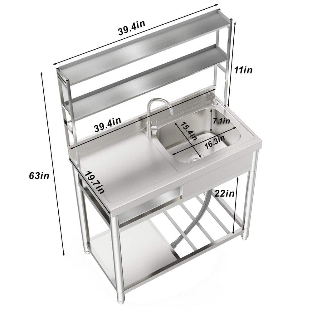 HOMEIBRO 39.4 in. Freestanding Stainless Steel Laundry Utility Sink with Right Bowl