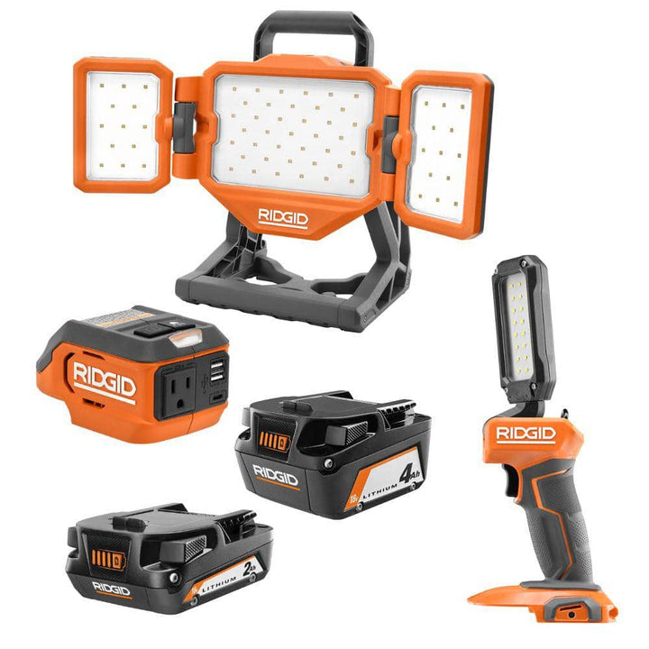 18V Cordless Hybrid LED Panel Light Kit with 4.0 Ah Battery and 2.0 Ah Battery, Power Inverter, and LED Light Stick