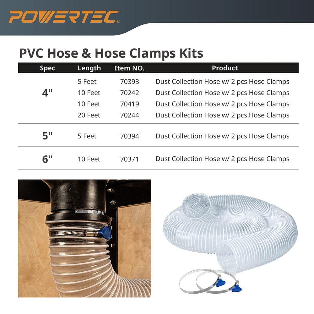 ‎POWERTEC 4 in. x 20 ft. Flexible PVC Dust Collection Hose, Clear Color