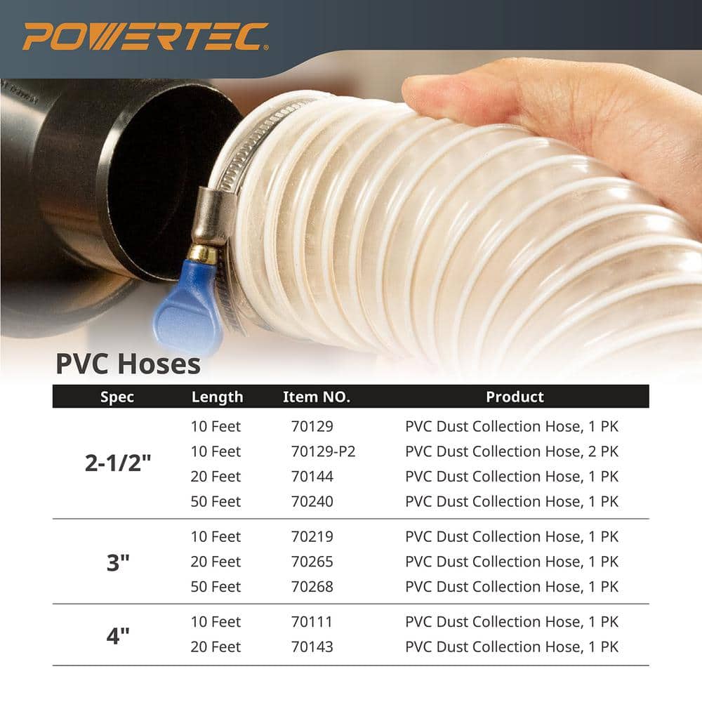 ‎POWERTEC 4 in. x 20 ft. Flexible PVC Dust Collection Hose with 2 Key Hose Clamps, Clear Color