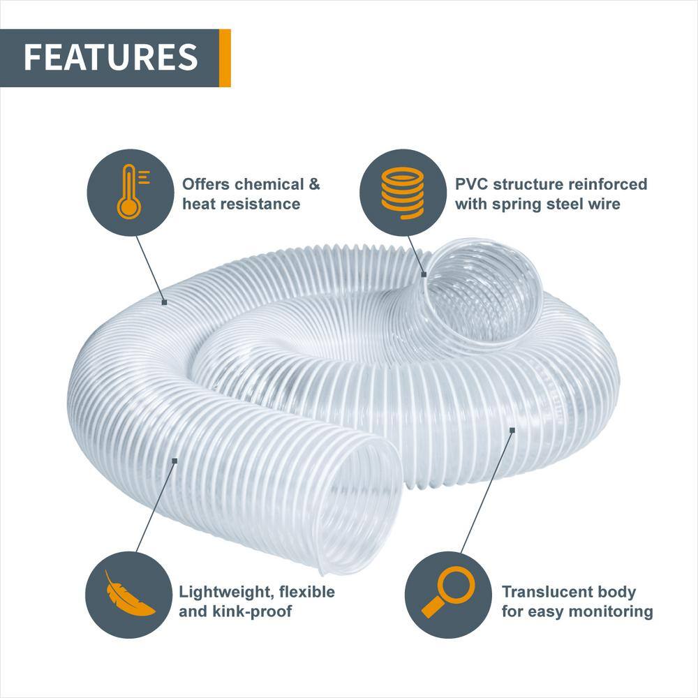 ‎POWERTEC 4 in. x 20 ft. Flexible PVC Dust Collection Hose with 2 Key Hose Clamps, Clear Color