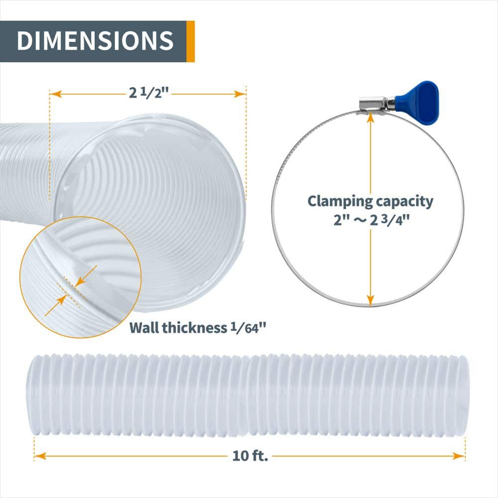 ‎POWERTEC 2-1/2 in. x 10 ft. PVC Dust Collection Hose with 4 in. to 2-1/2 in. Reducer and 5-Piece of 2-1/2 in. Key Hose Clamps