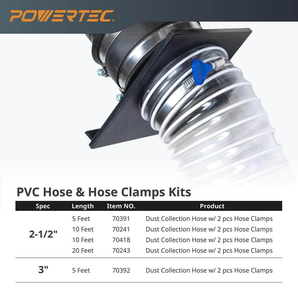 ‎POWERTEC 2-1/2 in. x 10 ft. PVC Dust Collection Hose with 4 in. to 2-1/2 in. Reducer and 5-Piece of 2-1/2 in. Key Hose Clamps
