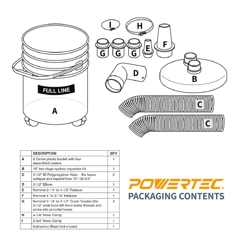POWERTEC Cyclone Dust Collector and Separator Kit with Clear 6 Gal. Dust Bucket, Hoses, Reducers, Couplers and Hose Clamps