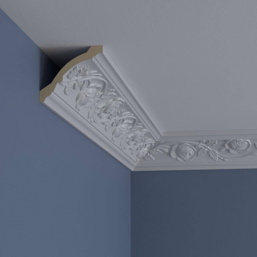 Ekena Millwork 3-3/4 in. x 3-1/4 in. x 94-1/2 in. Polyurethane Bulwark Rose Crown Moulding