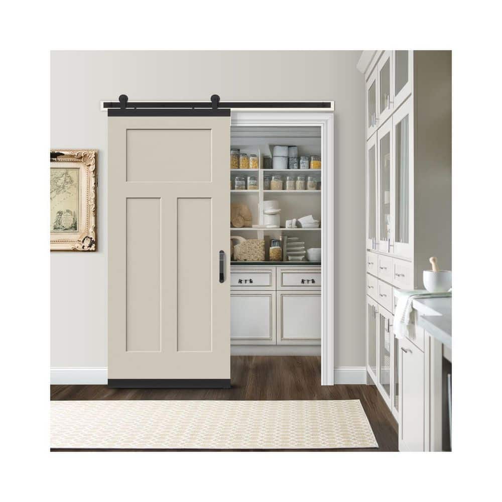 JELD-WEN 36 in. x 84 in. 3-Panel Craftsman Primed Smooth Molded Composite MDF Barn Door with Rustic Hardware Kit