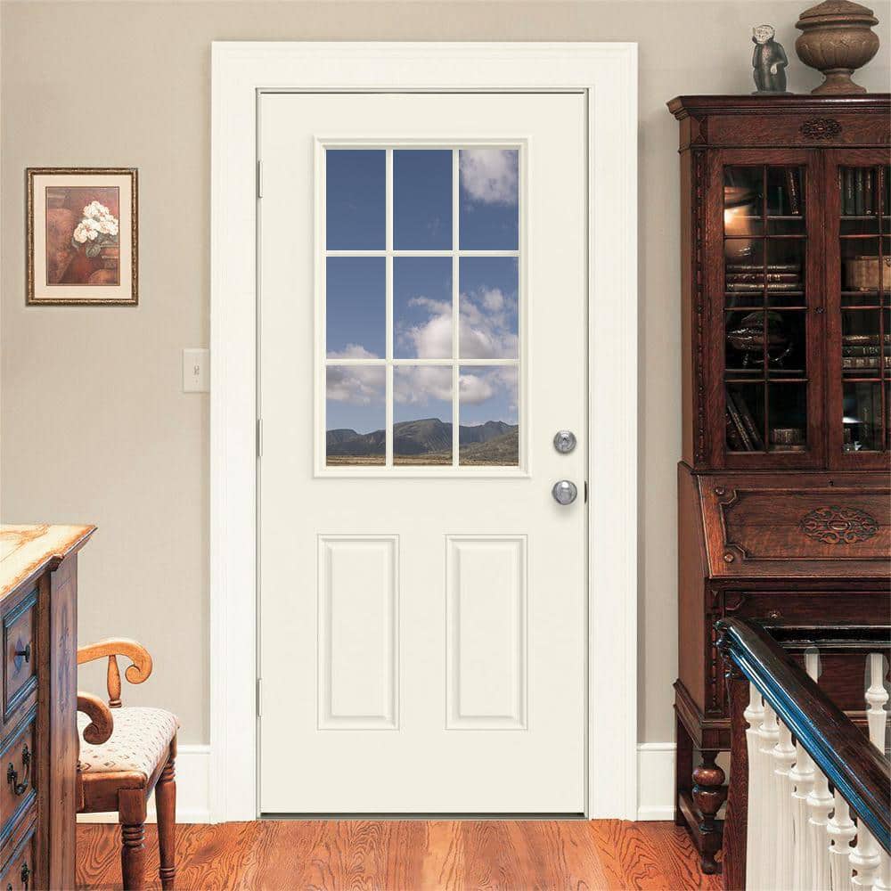 JELD-WEN 36 in. x 80 in. 9 Lite Primed Fiberglass Prehung Right-Hand Inswing Entry Door