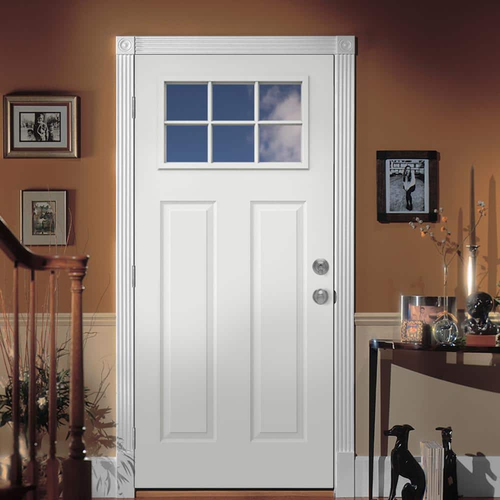 JELD-WEN 30 in. x 80 in. 6 Lite Craftsman Primed Steel Prehung Right-Hand Inswing Front Door with Brickmould