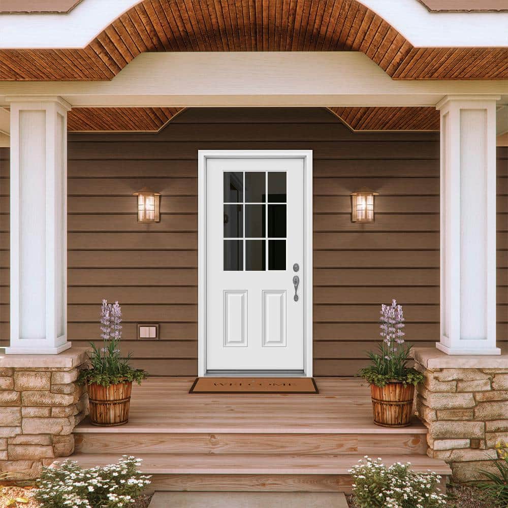 32 in. x 80 in. 9 Lite Primed Fiberglass Prehung Entry Door with Brickmould