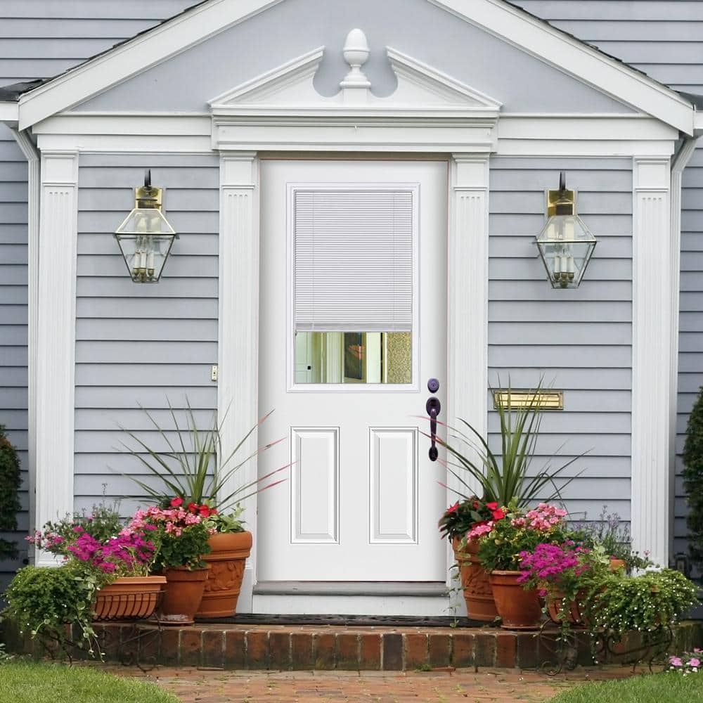 Masonite 36 in. x 80 in. Premium Half Lite Mini Blind Primed Steel Prehung Front Door with No Brickmold, Right-Hand Inswing