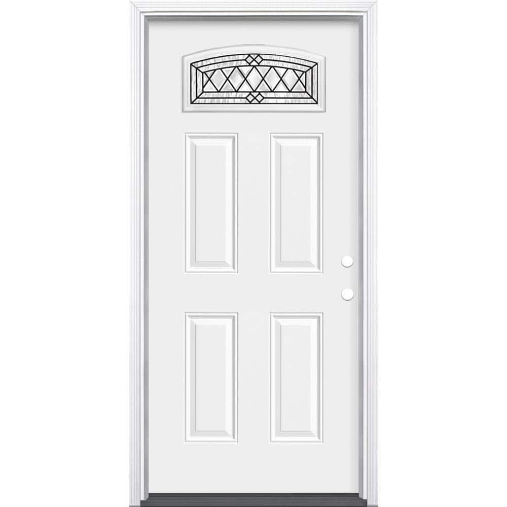 Masonite 36 in. x 80 in. Halifax Camber Fan Lite Left-Hand Inswing Primed Steel Prehung Exterior Front Door with Brickmold