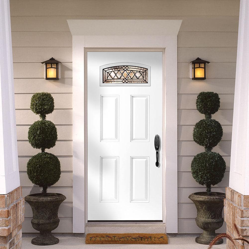 Masonite 36 in. x 80 in. Halifax Camber Fan Lite Left-Hand Inswing Primed Steel Prehung Exterior Front Door with Brickmold