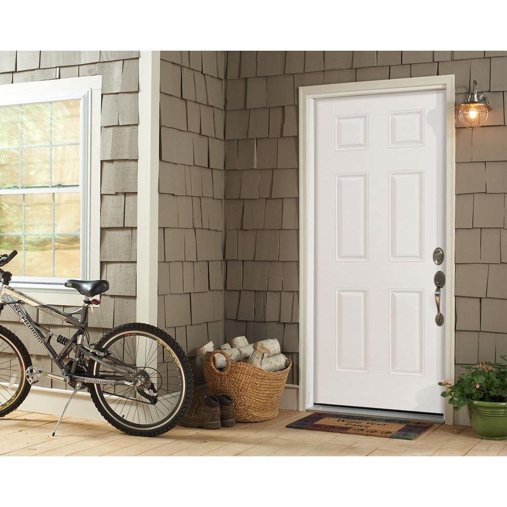 Masonite 36 in. x 80 in. Premium 6-Panel Left-Hand Inswing Primed Steel Prehung Front Exterior Door with Brickmold