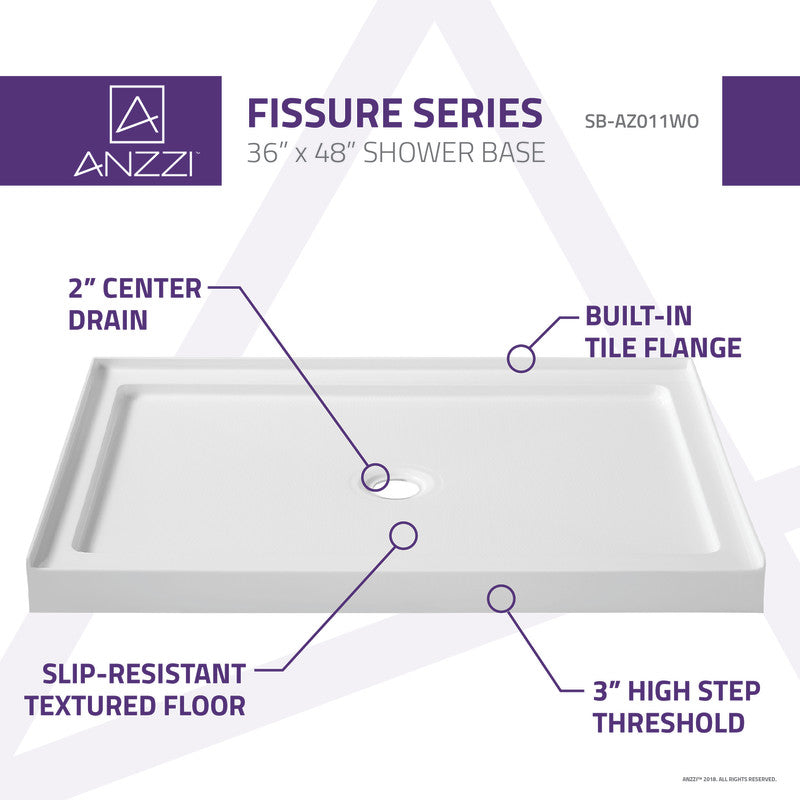 ANZZI Fissure Series 36 in. x 48 in. Single Threshold Shower Base in Glossy White