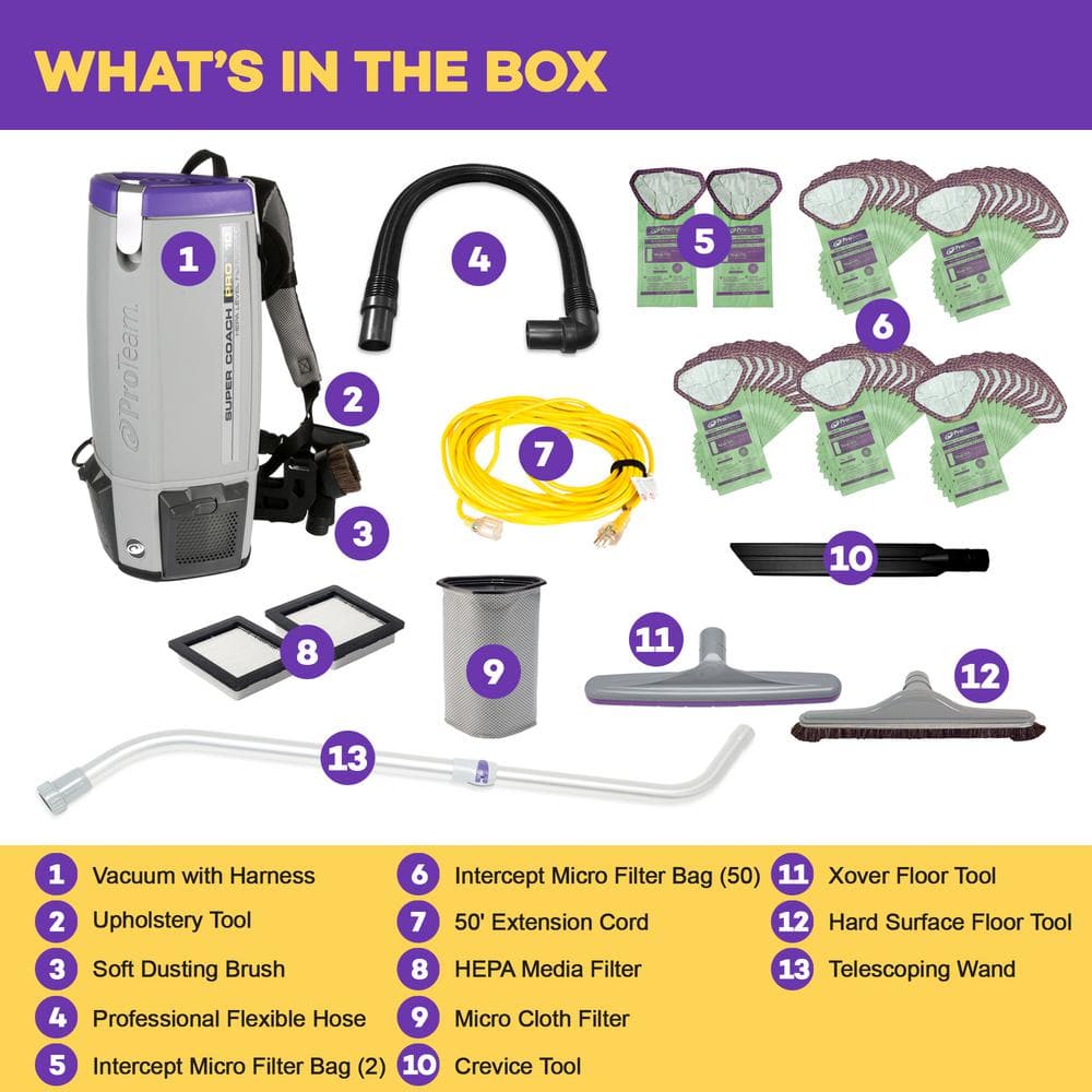 ProTeam Super Coach Pro 10, 10 qt. Backpack Vacuum Cleaner with Multi-Surface Telescoping Wand Kit, Floor Tool, 52 Filter Bags