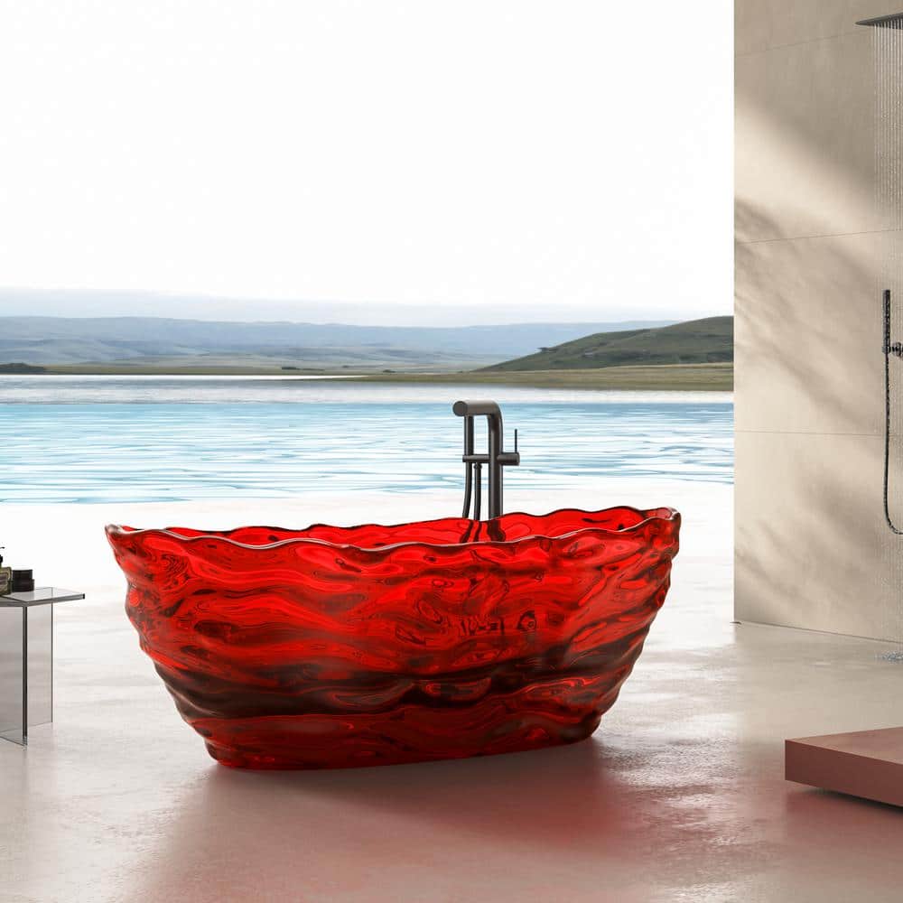 Vanity Art 69 in. x 30 in. Freestanding Oval Soaking Stone Resin Bathtub in Pure Resin Red with Polished Chrome Pop Up Drain
