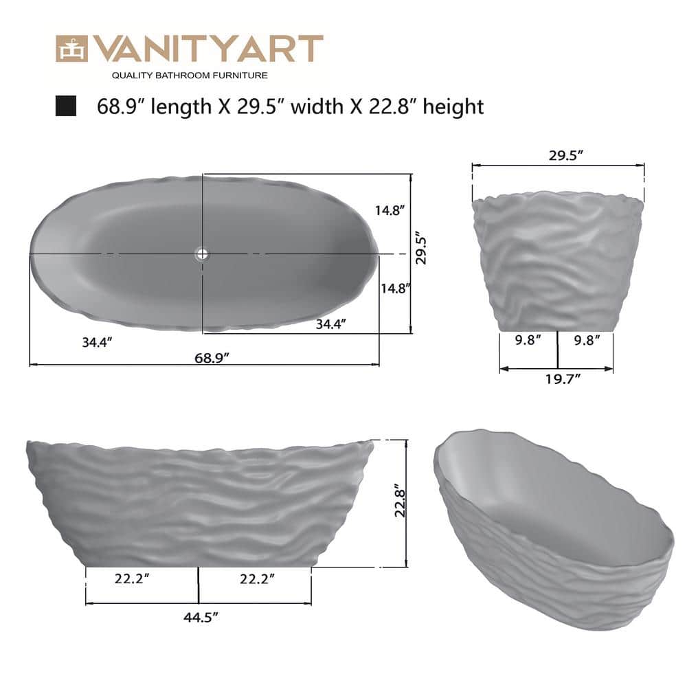 Vanity Art 69 in. x 30 in. Freestanding Oval Soaking Stone Resin Bathtub in Pure Resin Red with Polished Chrome Pop Up Drain