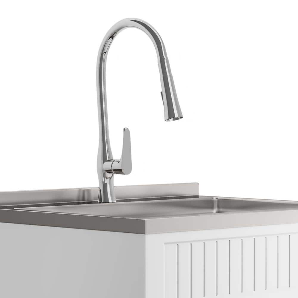 Simpli Home Beckham 28-Inch Utility Laundry Sink & Cabinet in Pure White