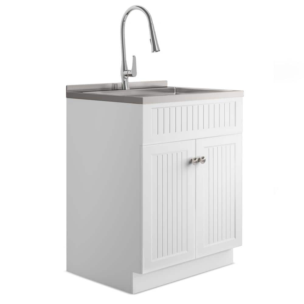 Simpli Home Beckham 28-Inch Utility Laundry Sink & Cabinet in Pure White