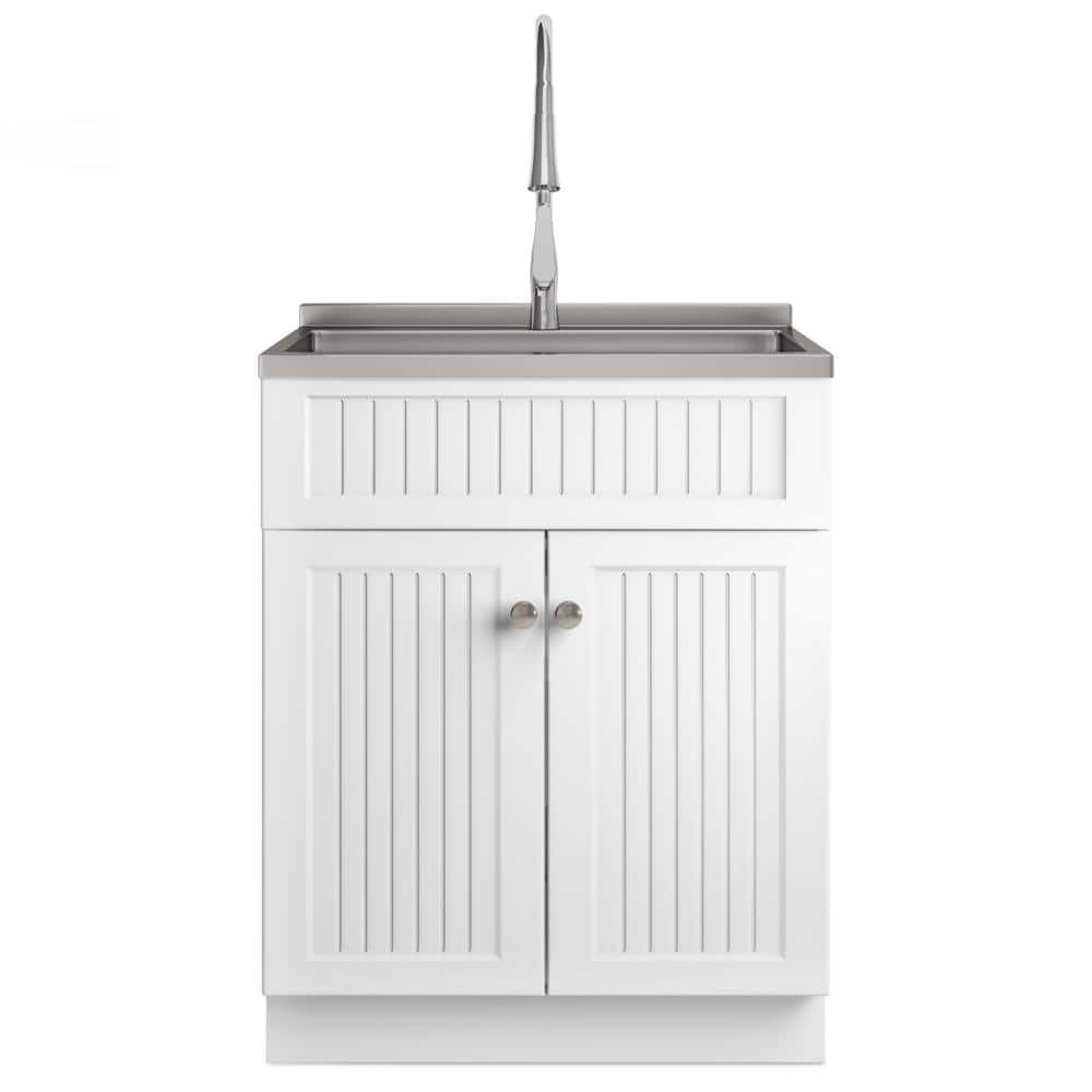 Simpli Home Beckham 28-Inch Utility Laundry Sink & Cabinet in Pure White