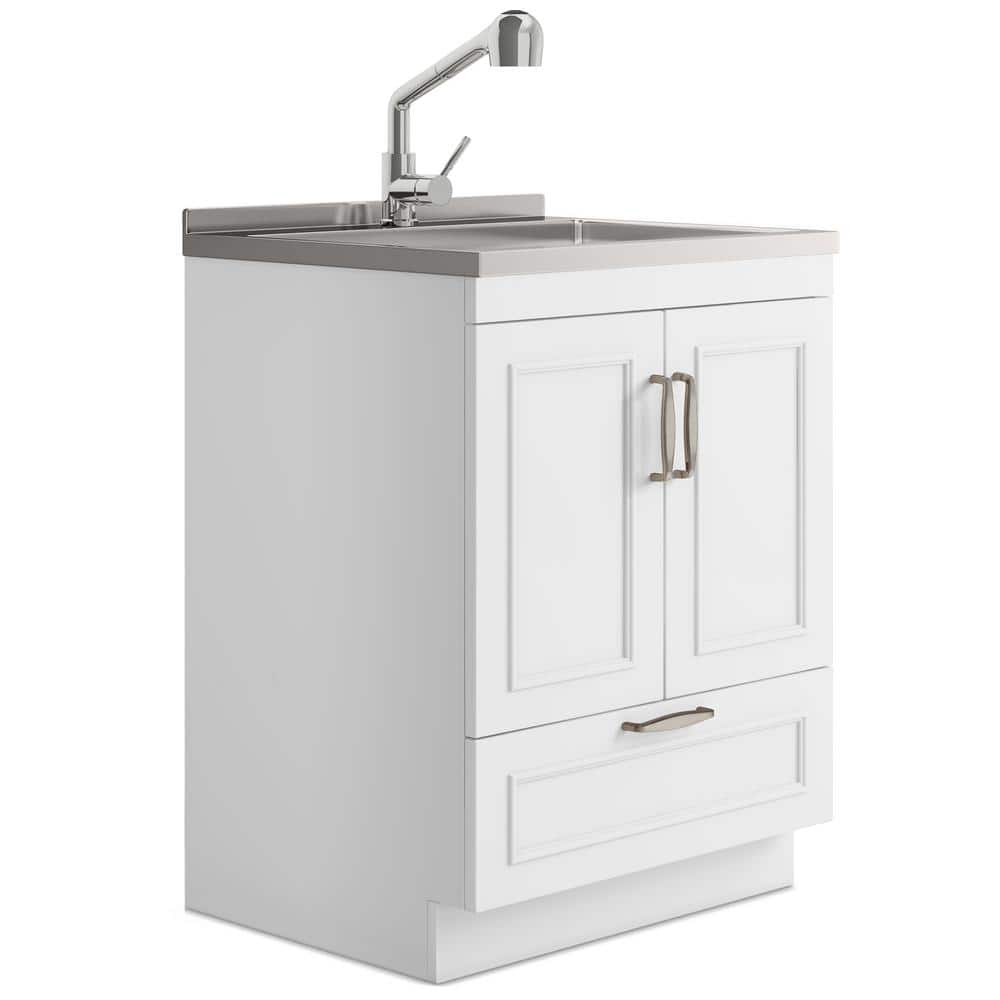 Simpli Home Cardinal 28-Inch Utility Laundry Sink with Cabinet - Pure White