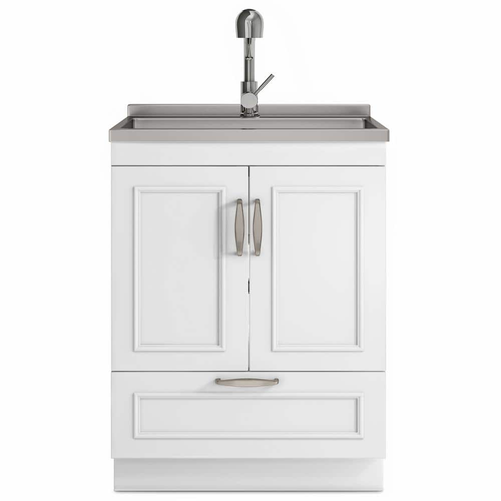 Simpli Home Cardinal 28-Inch Utility Laundry Sink with Cabinet - Pure White