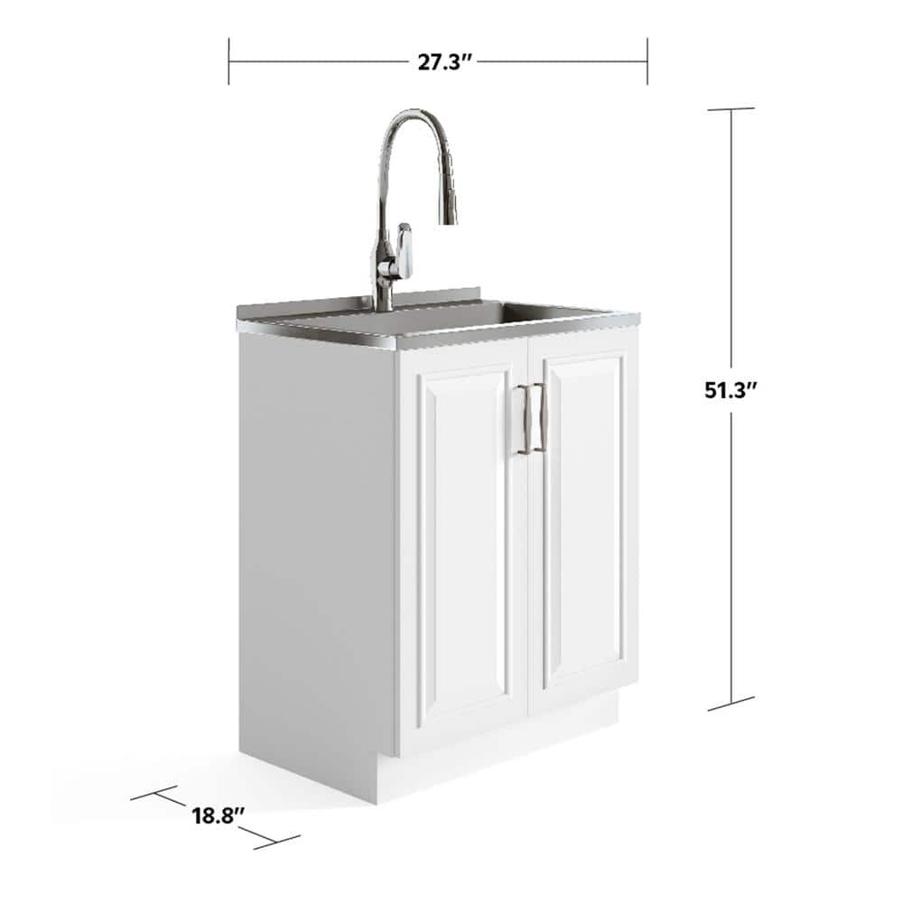 Simpli Home Darwin 28-Inch Utility Sink & Cabinet in White with Stainless Steel Sink