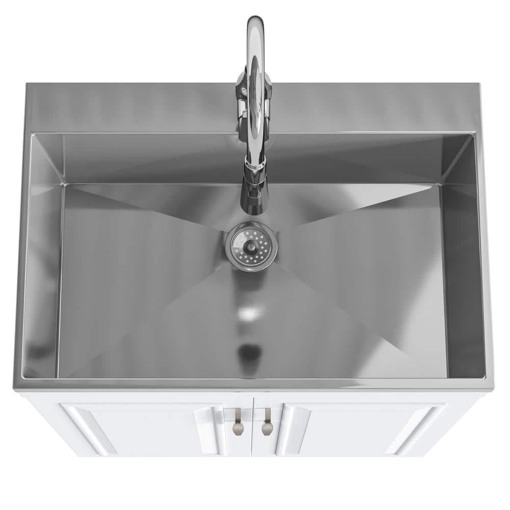 Simpli Home Darwin 28-Inch Utility Sink & Cabinet in White with Stainless Steel Sink