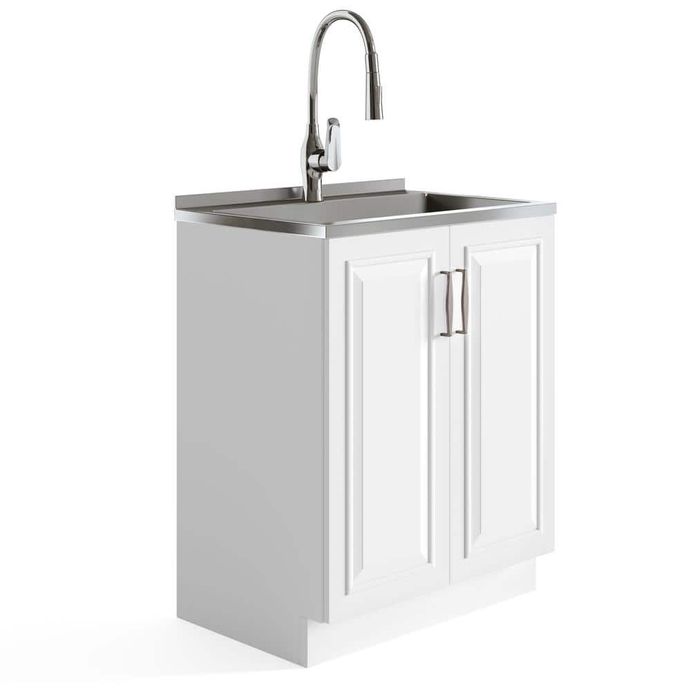 Simpli Home Darwin Contemporary 28 in. Deluxe Laundry Cabinet with Pull-out Faucet and Stainless Steel Sink in Pure White