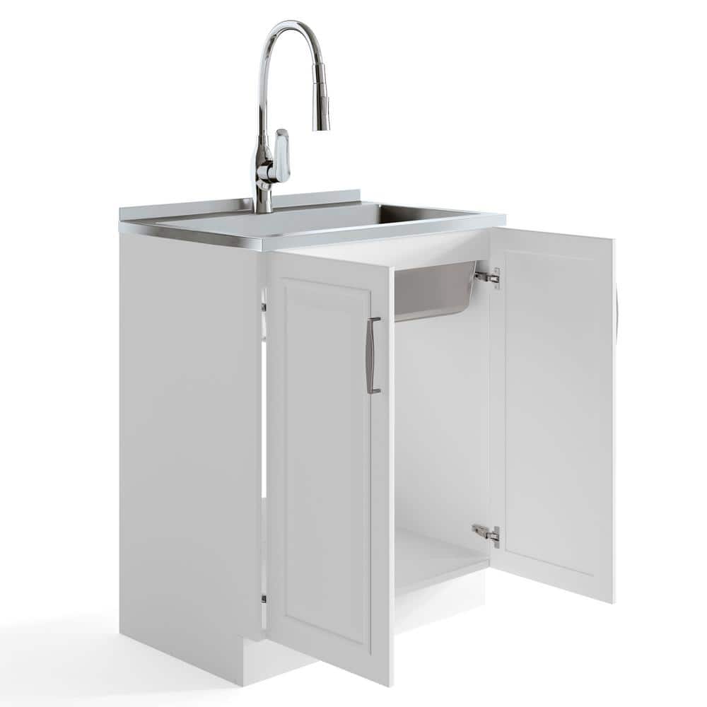 Simpli Home Darwin 28-Inch Utility Sink & Cabinet in White with Stainless Steel Sink
