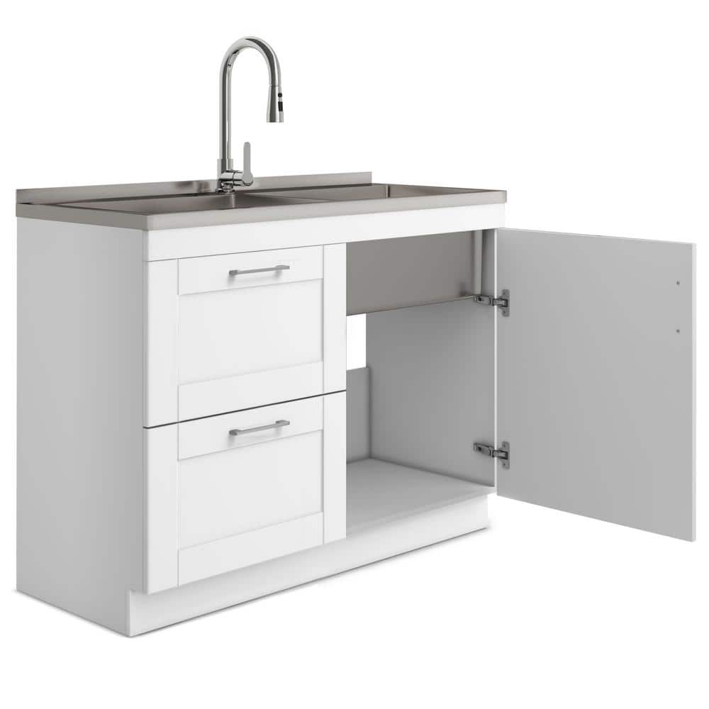 Simpli Home Modern Wide Shaker All-in-One 46-Inch Utility Laundry Sink with Cabinet, Pure White