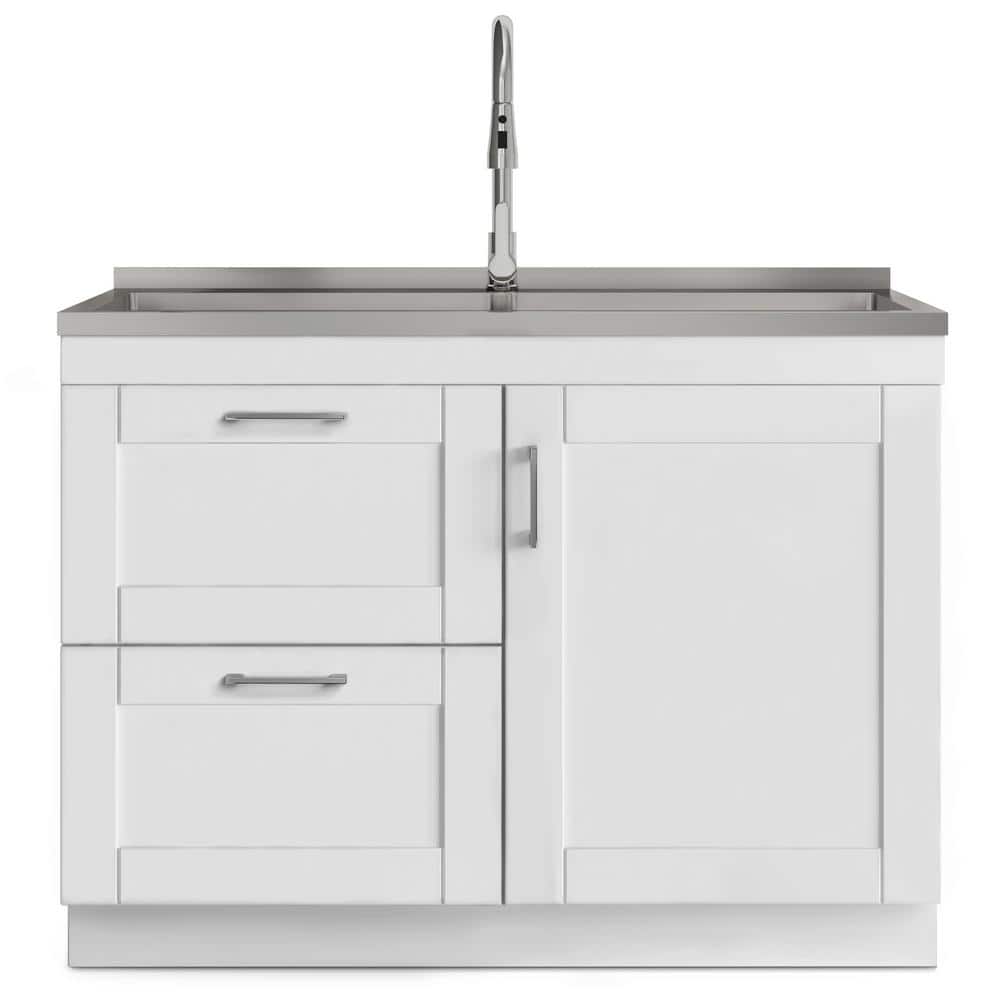 Simpli Home Modern Wide Shaker All-in-One 46-Inch Utility Laundry Sink with Cabinet, Pure White
