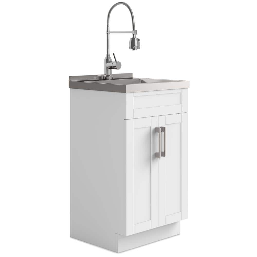 Simpli Home Hennessy 20" All-in-One Utility Laundry Sink with Cabinet in Pure White