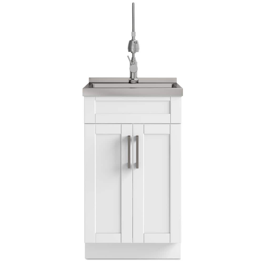 Simpli Home Hennessy 20" All-in-One Utility Laundry Sink with Cabinet in Pure White