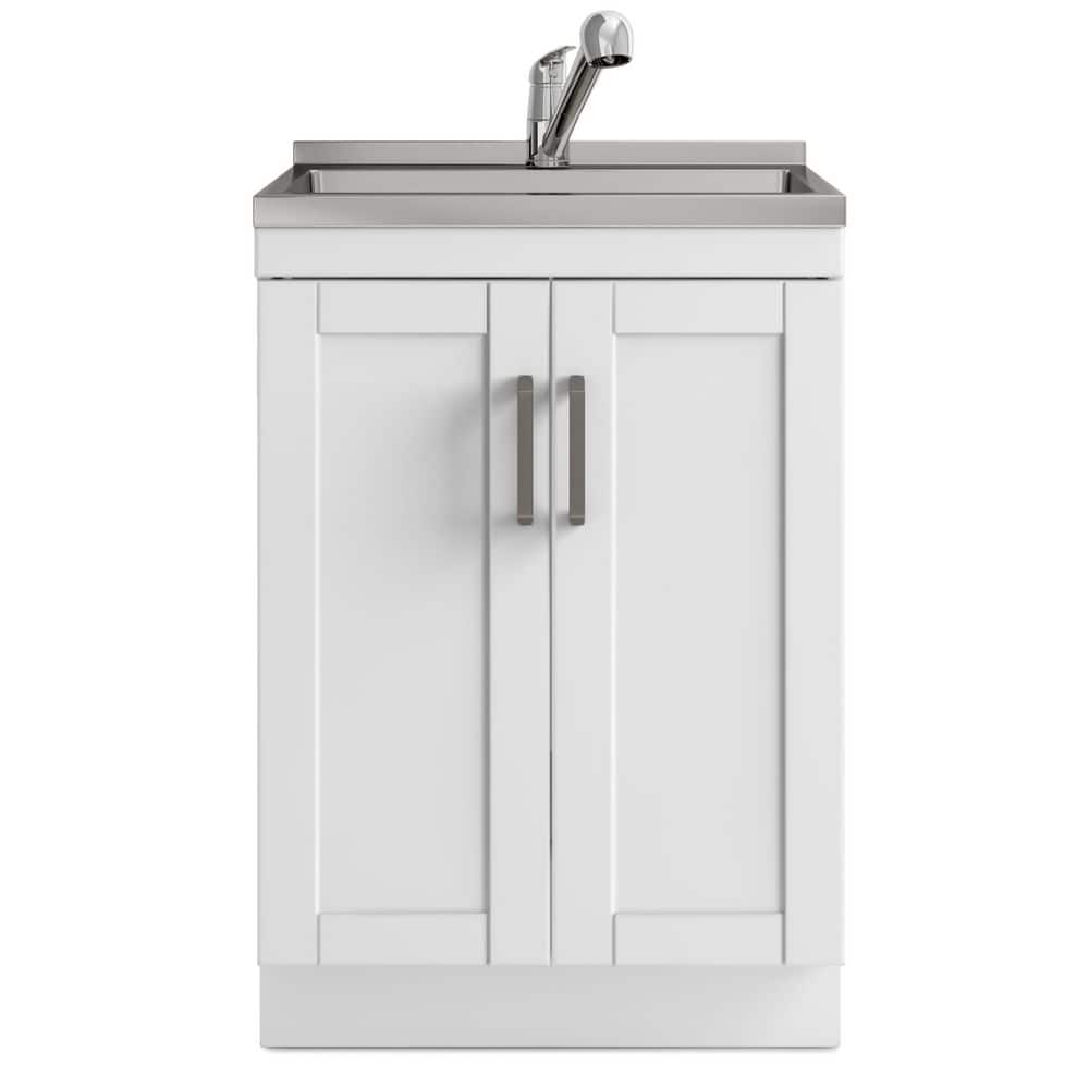 Simpli Home Kyle 24-inch Utility Laundry Sink with Cabinet in Pure White