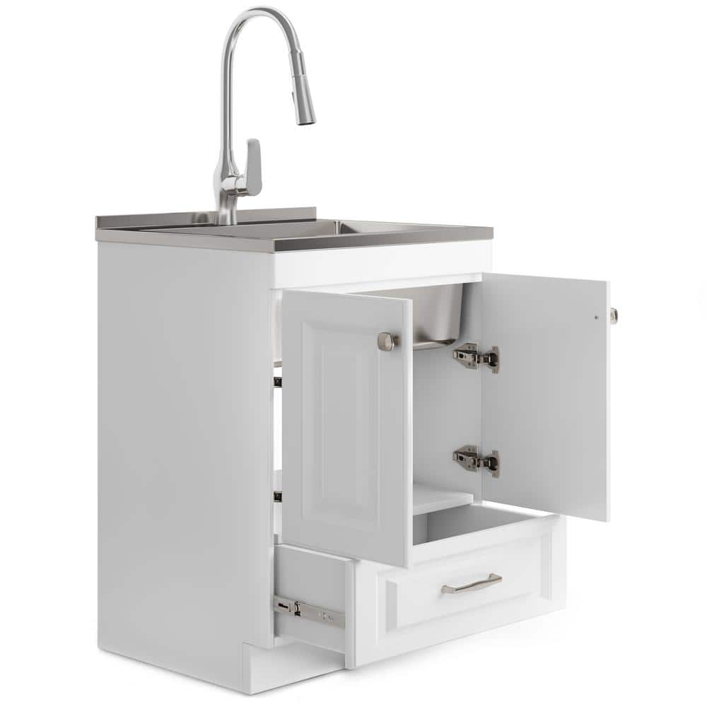 Simpli Home Lawrence All-in-One 28-inch Utility Laundry Sink Cabinet, Pure White