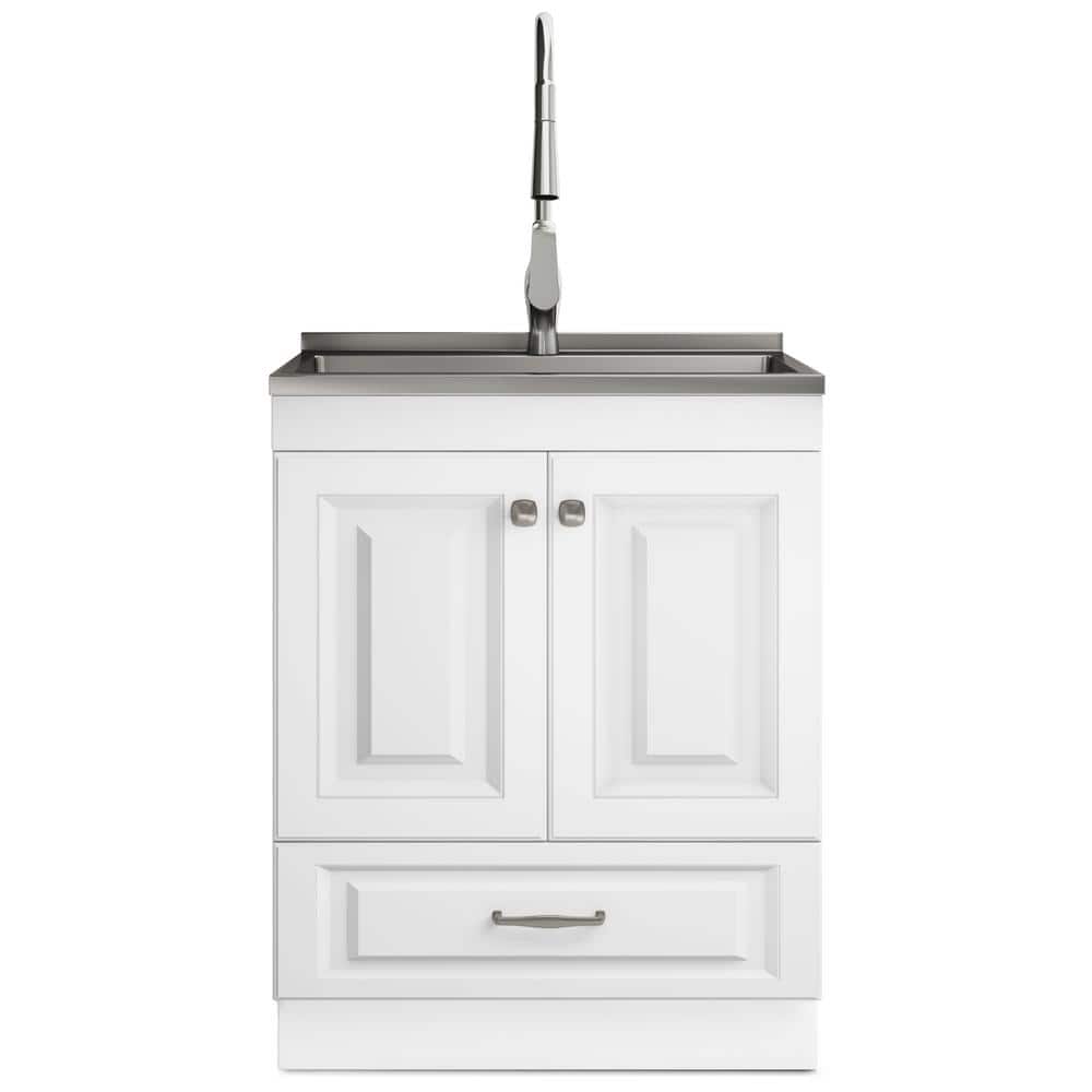Simpli Home Lawrence All-in-One 28-inch Utility Laundry Sink Cabinet, Pure White