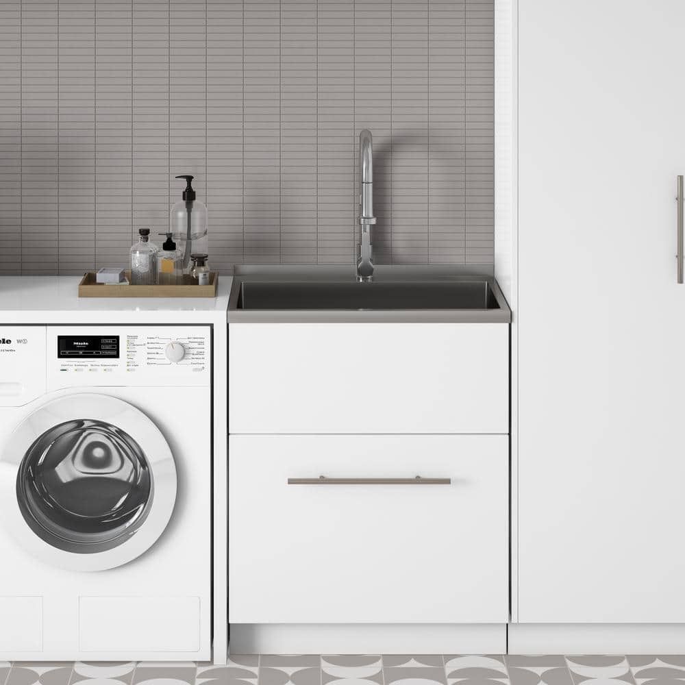 Simpli Home Metro 28-Inch Utility Laundry Sink with Cabinet in Pure White
