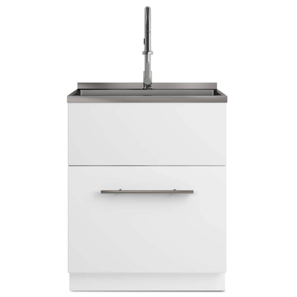 Simpli Home Metro 28-Inch Utility Laundry Sink with Cabinet in Pure White