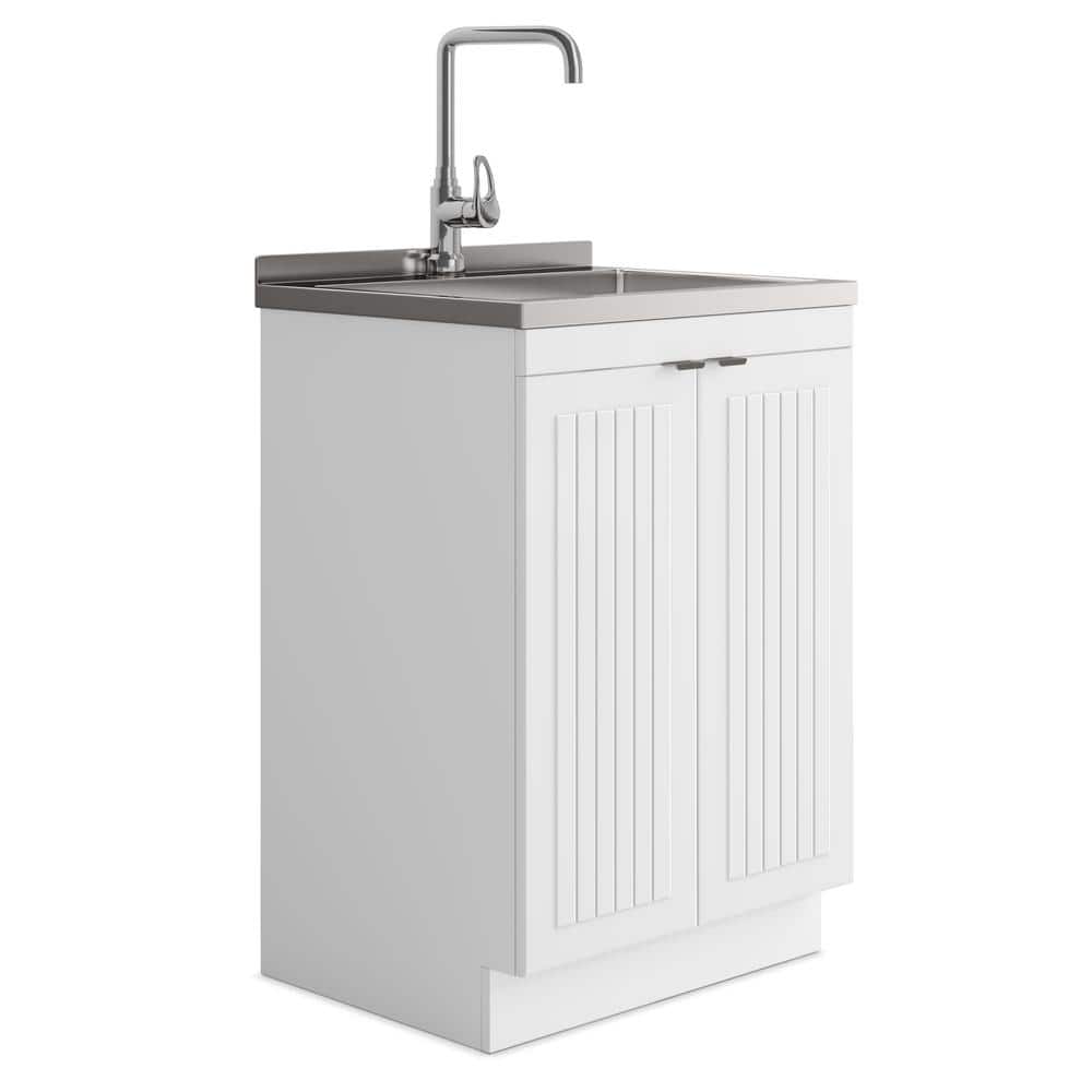 Simpli Home Murphy All-In-One 24 in. Utility Laundry Sink with Cabinet in Pure White