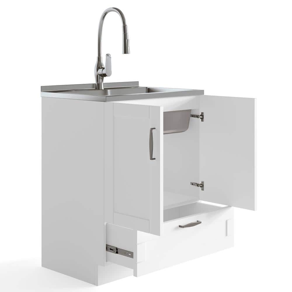 Simpli Home Reed All-in-One 28 in. Utility Laundry Sink with Cabinet in Pure White