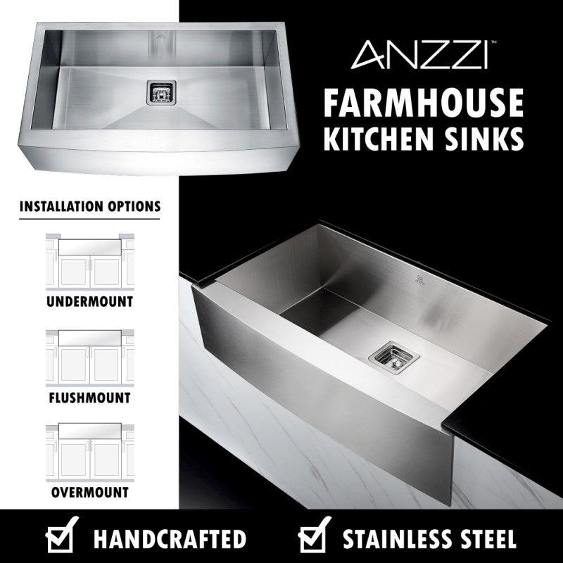 ANZZI Elysian 32.875-in x 20.75-in Satin Stainless Steel Single Bowl Farmhouse/Apron-Front Kitchen Sink All-in-One Kit with Pot Filler Faucet
